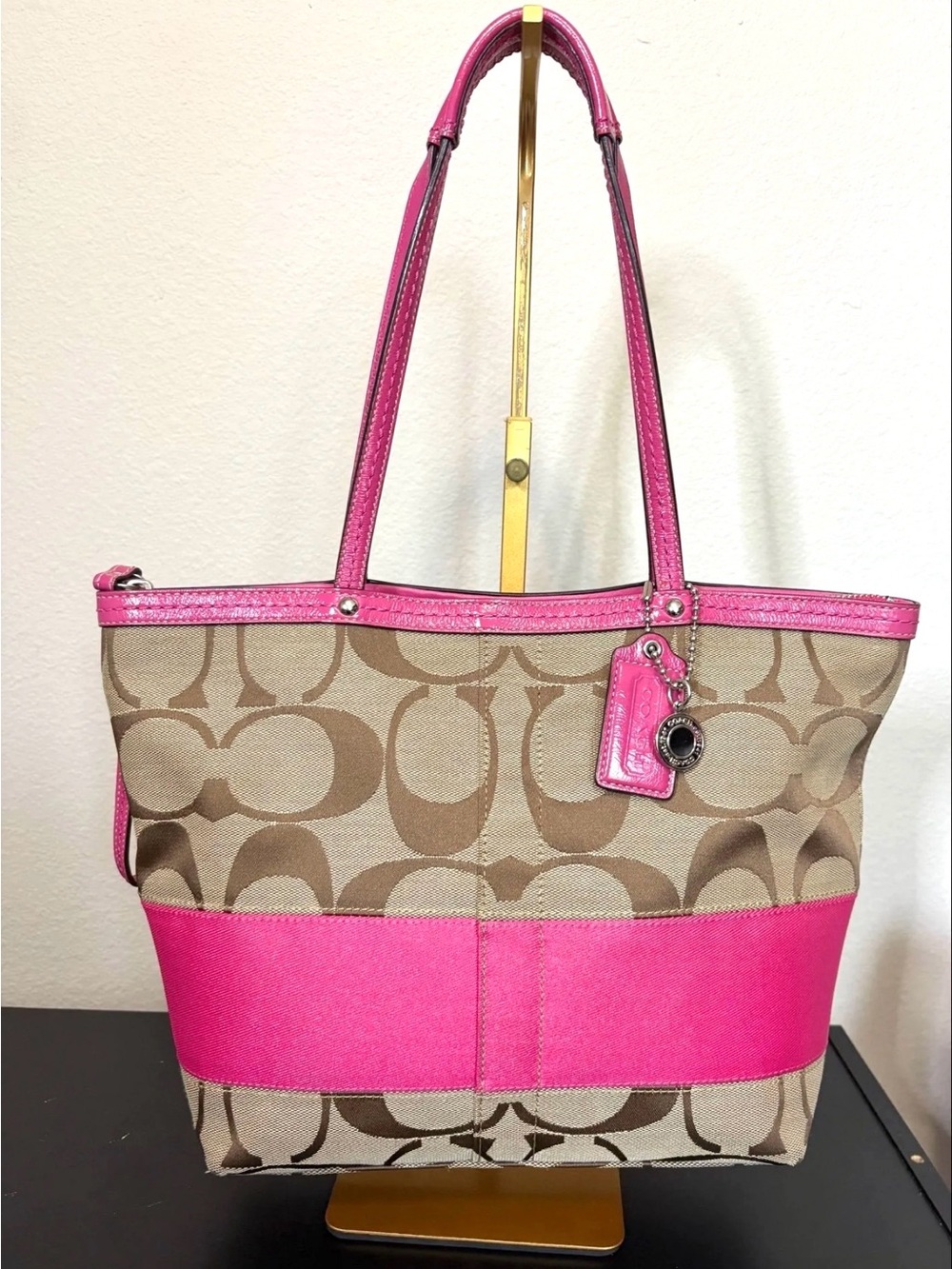 Coach Tan Signature Canvas Tote with Hot Pink Trim